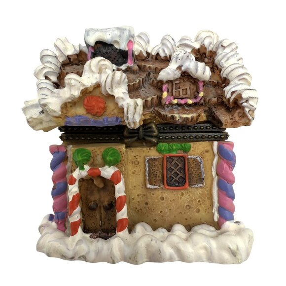 Ceramic Hinged Gingerbread House Store Christmas Trinket Box Candy Cane 2.5” - Picture 1 of 6